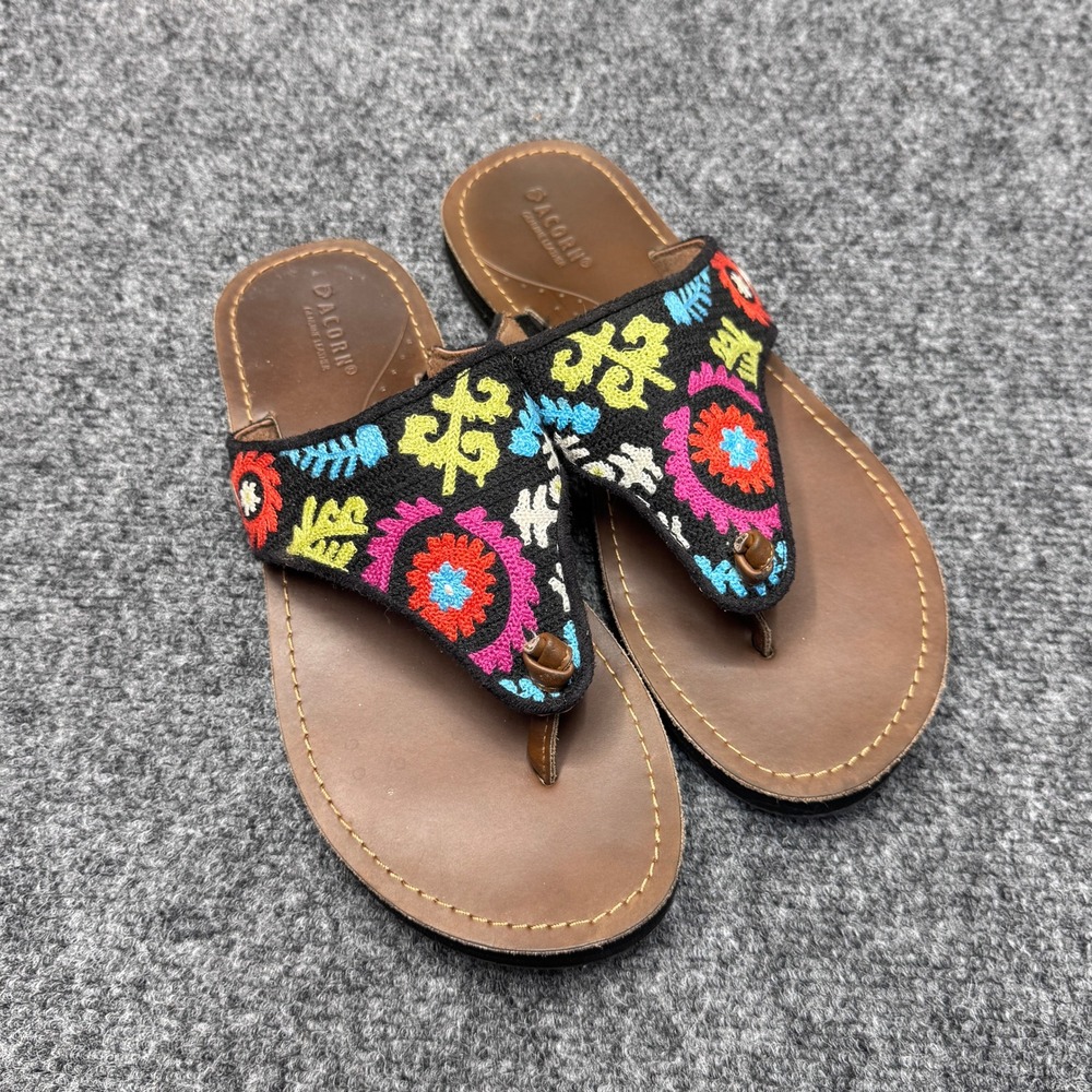 Acorn Embroidered Leather Flip Flop Sandals Womens 9 Black Boho Floral Festival